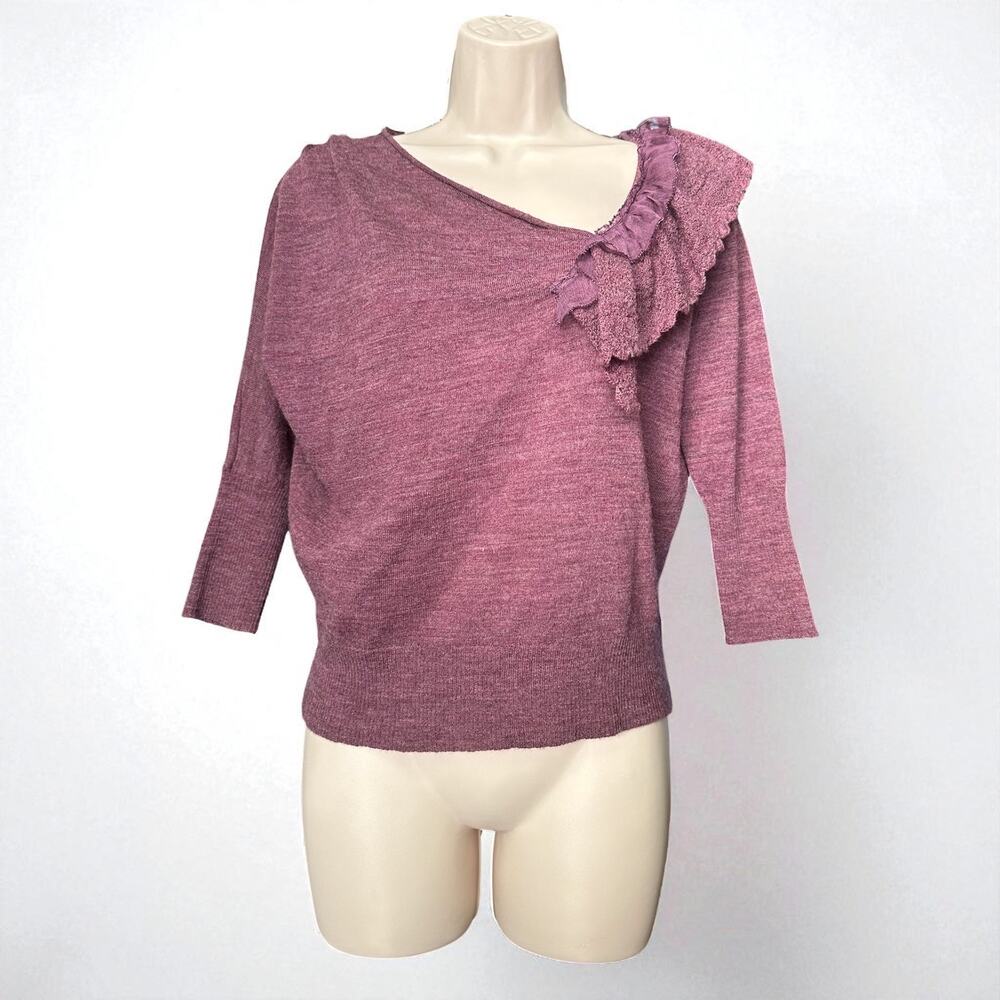 Knitted & Knotted Wool Ruffle Detail 3/4 Sleeve Sweater Top, Size S, Purple